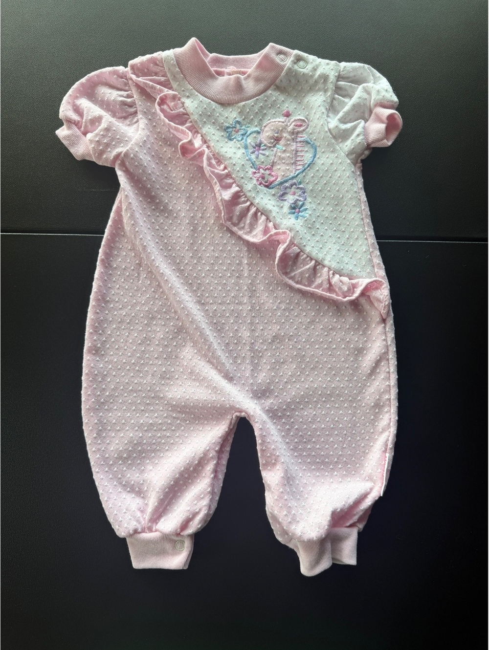 Vintage Y2K Healthtex Baby Girl Pink Mouse Embroidered Ruffle Romper One Piece